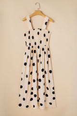 Oatmeal Polka Dot Smocked Fit Flared Sleeveless Long Dress Maxi Dresses JT's Designer Fashion