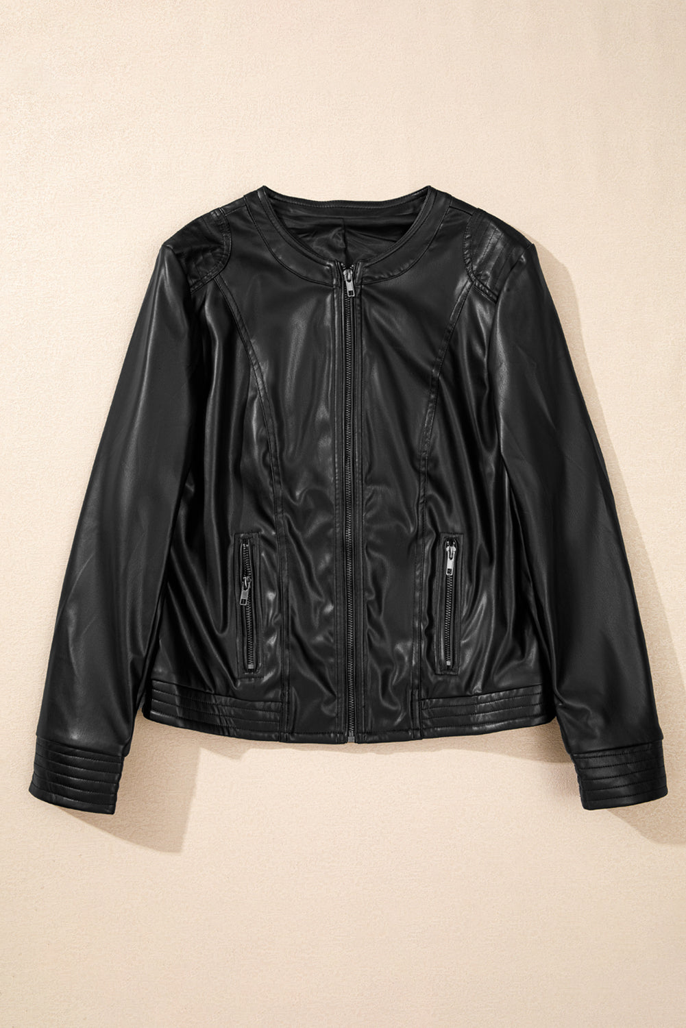 Black Solid Faux Leather Zipper Slim Fit Bomber Jacket Jackets JT's Designer Fashion