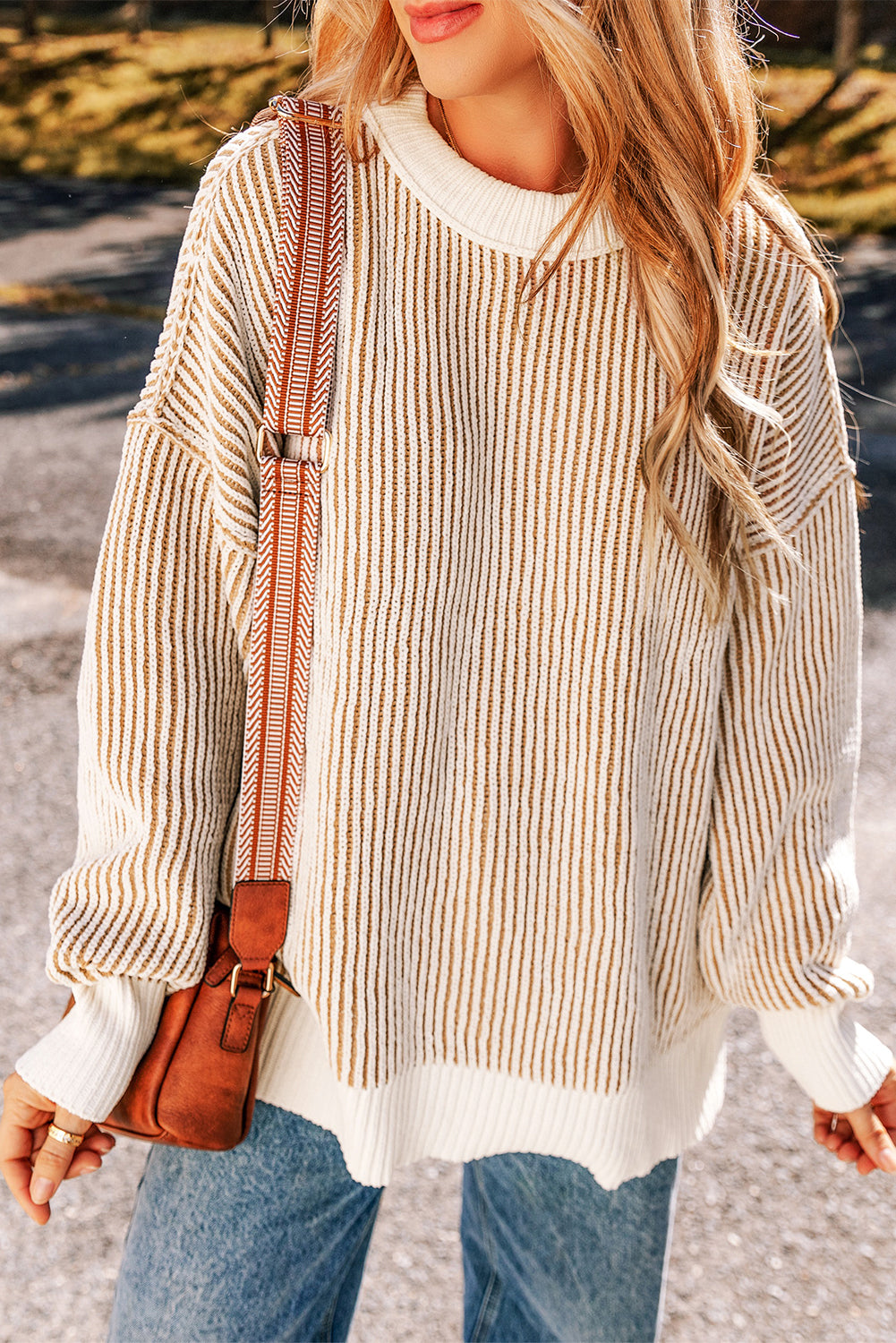 Chestnut Striped Textured Knit Contrast Edge Loose Sweater Sweaters JT's Designer Fashion