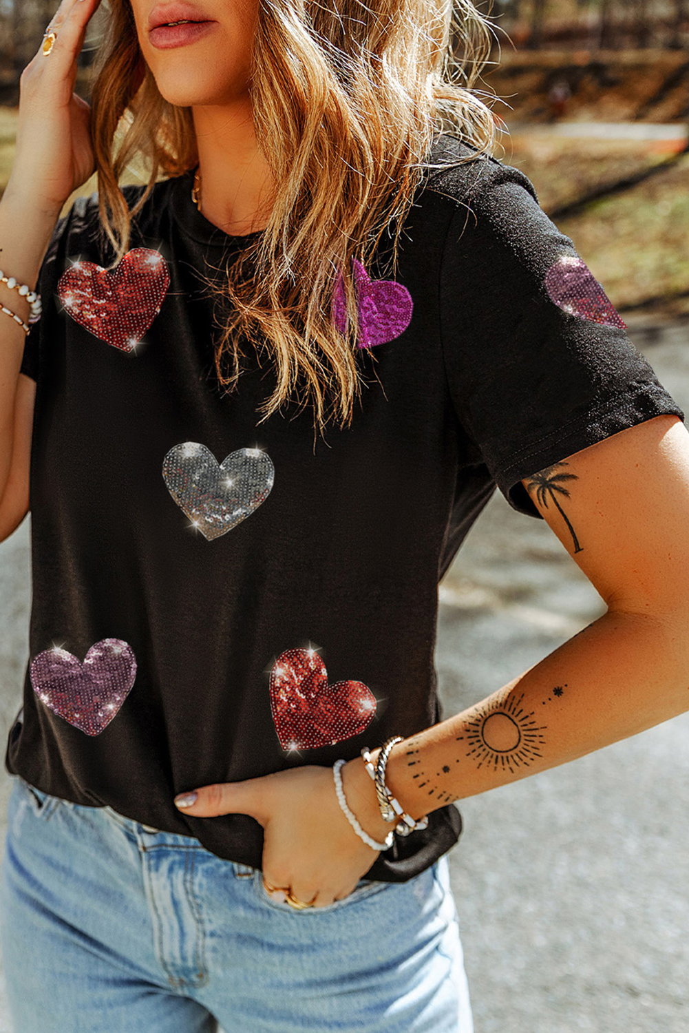 Black Sequin Heart Patched Pattern Crewneck Valentines Tee Graphic Tees JT's Designer Fashion