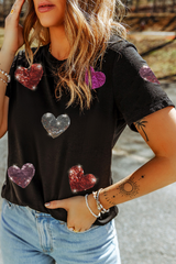Black Sequin Heart Patched Pattern Crewneck Valentines Tee Graphic Tees JT's Designer Fashion