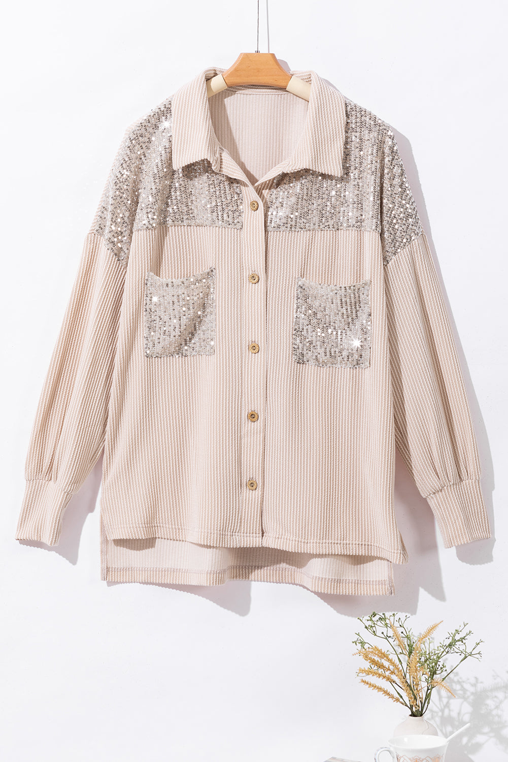 Parchment Sequin Patch Chest Pocket Corded Shacket Jackets JT's Designer Fashion