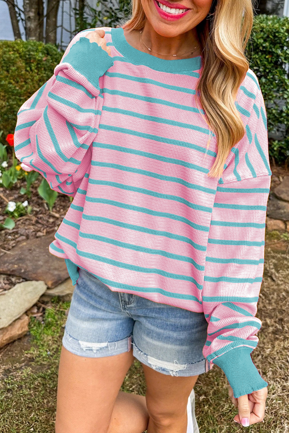 Pink Stripe Trimmed Round Neck Drop Shoulder Loose Sweater Pink Stripe 50%Viscose+28%Polyester+22%Polyamide Sweaters JT's Designer Fashion