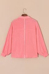 Pink Corded Flap Pocket Henley Top Long Sleeve Tops JT's Designer Fashion