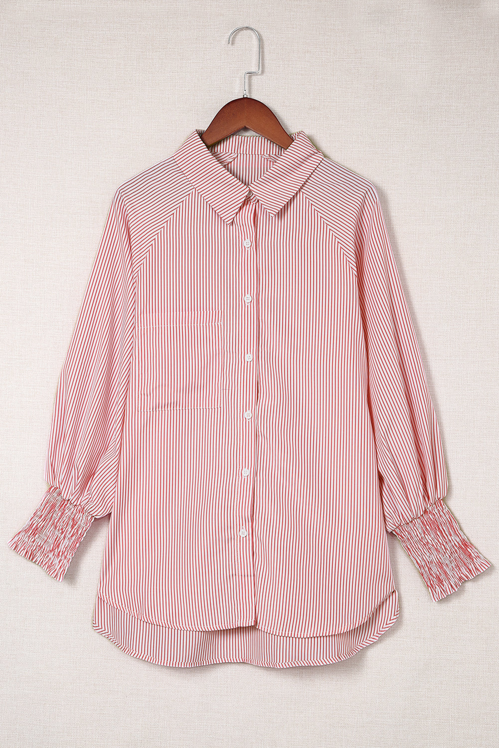 Red Stripe Smocked Cuffed Striped Boyfriend Shirt with Pocket Blouses & Shirts JT's Designer Fashion
