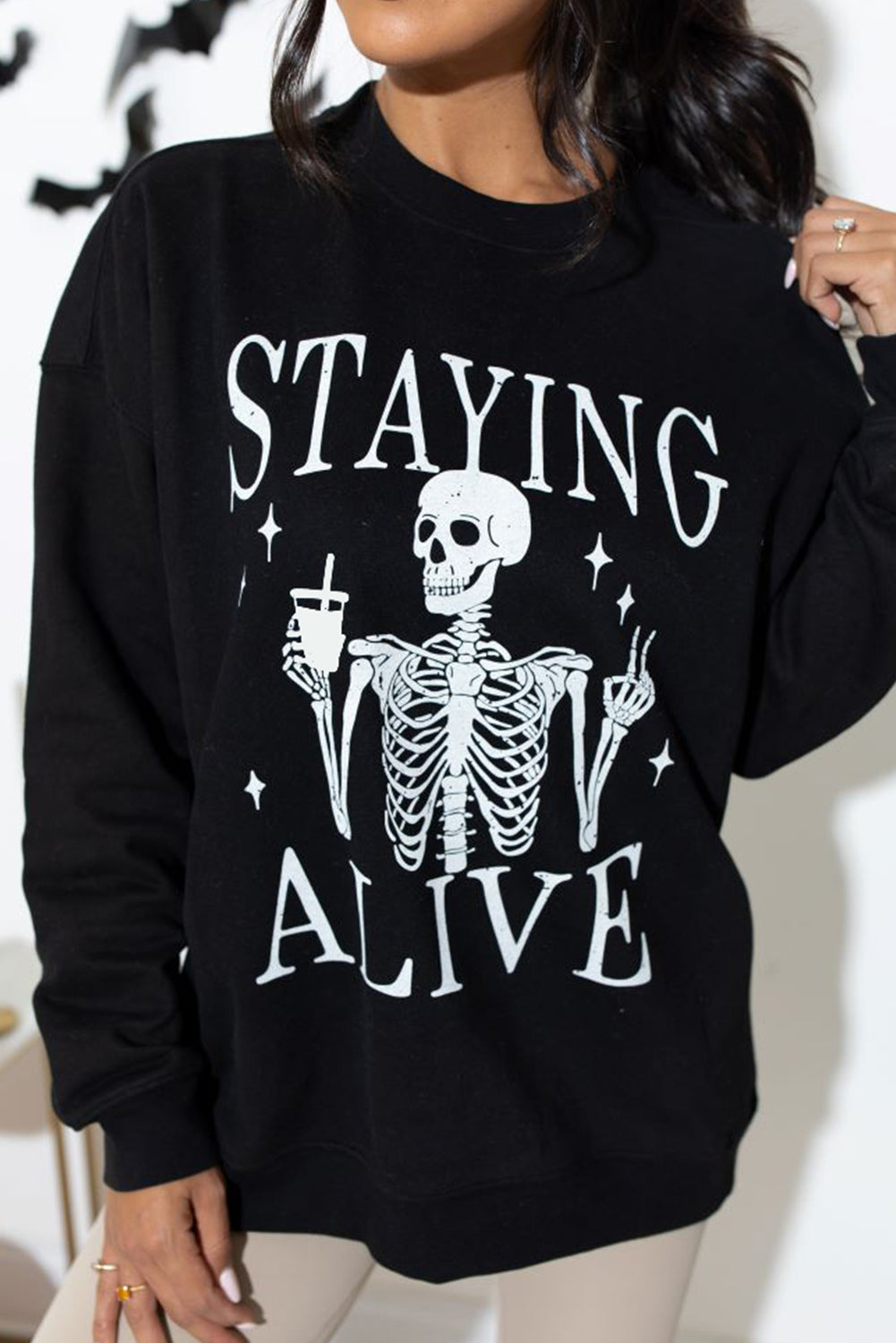 Black STAYING ALIVE Skull Graphic Crewneck Halloween Sweatshirt Black 50%Polyester+50%Cotton Graphic Sweatshirts JT's Designer Fashion