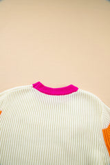 Beige Colorblock Flower Print Cable Knit Loose Sweater Sweaters JT's Designer Fashion