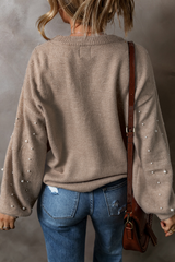 Smoke Gray Pearled Drop Shoulder Plus Size Sweater Plus Size Sweaters & Cardigans JT's Designer Fashion