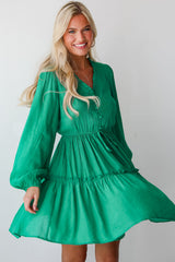 Sea Green Frilly V Neck Puff Sleeve Drawstring Shift Mini Dress Mini Dresses JT's Designer Fashion