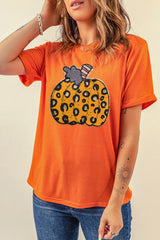 Orange Halloween Leopard Pumpkin Crew Neck Graphic Tee Graphic Tees JT's Designer Fashion