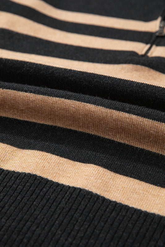 Black Stripe Collared Quarter Zipper Oversized Sweater Sweaters JT's Designer Fashion
