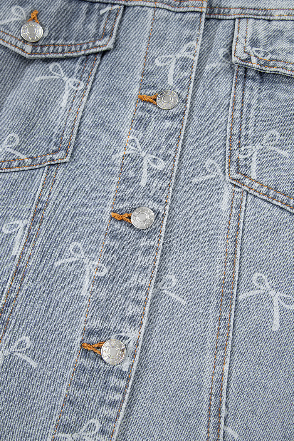 Sky Blue Bow Knot Print Light Wash Raw Hem Denim Jacket Denim Jackets JT's Designer Fashion