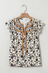 White Floral Frilly Blouse with Lace Up Blouses & Shirts JT's Designer Fashion