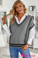 Gray V Neck Contrast Stripes Trims Short Sleeve Sweater Sweaters & Cardigans JT's Designer Fashion