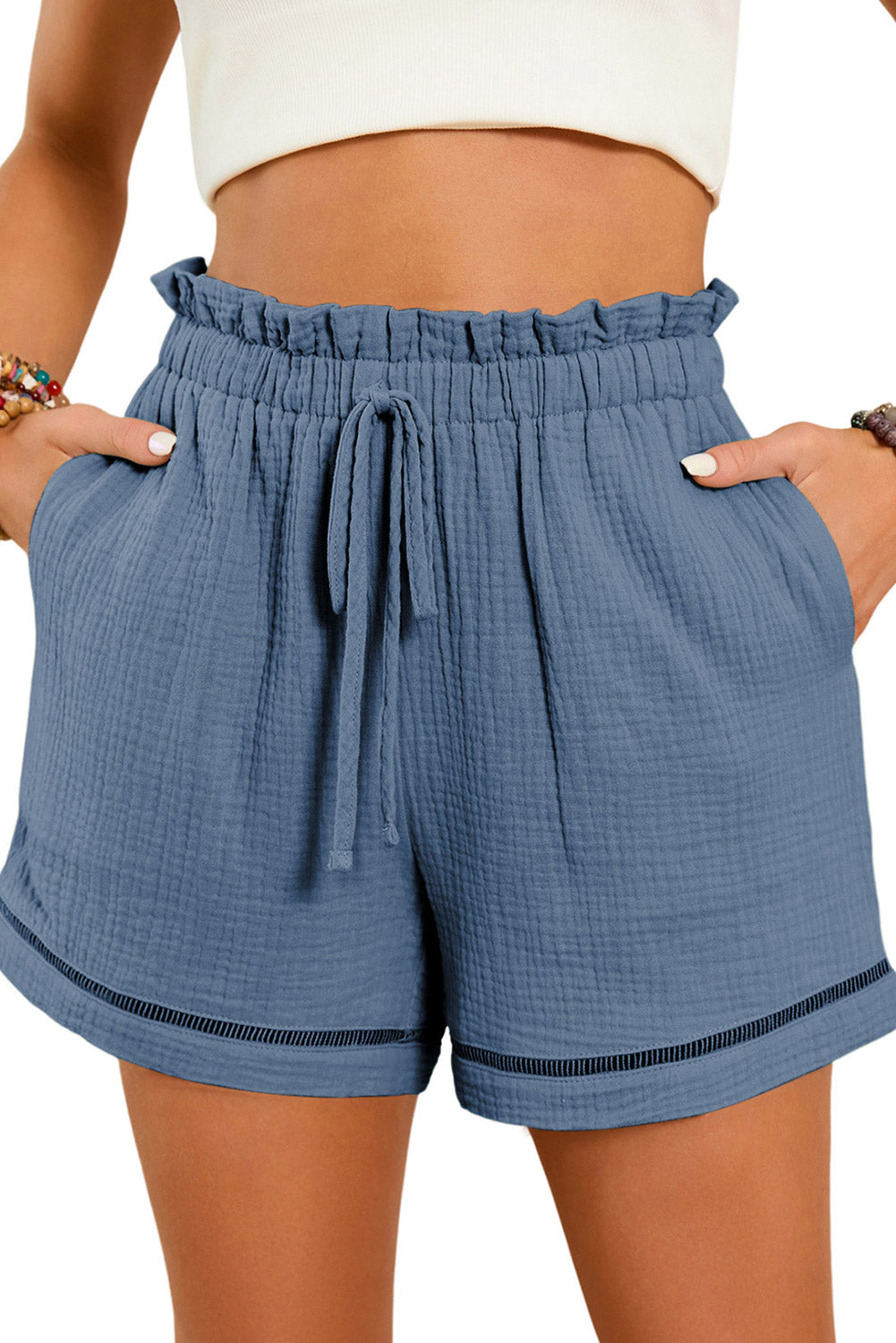 Sail Blue Cotton Gauze Paperbag Shorts Casual Shorts JT's Designer Fashion