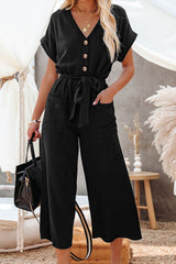 Black Dolman Button Belted V Neck Wide Leg Pocketed Jumpsuit Jumpsuits & Rompers JT's Designer Fashion