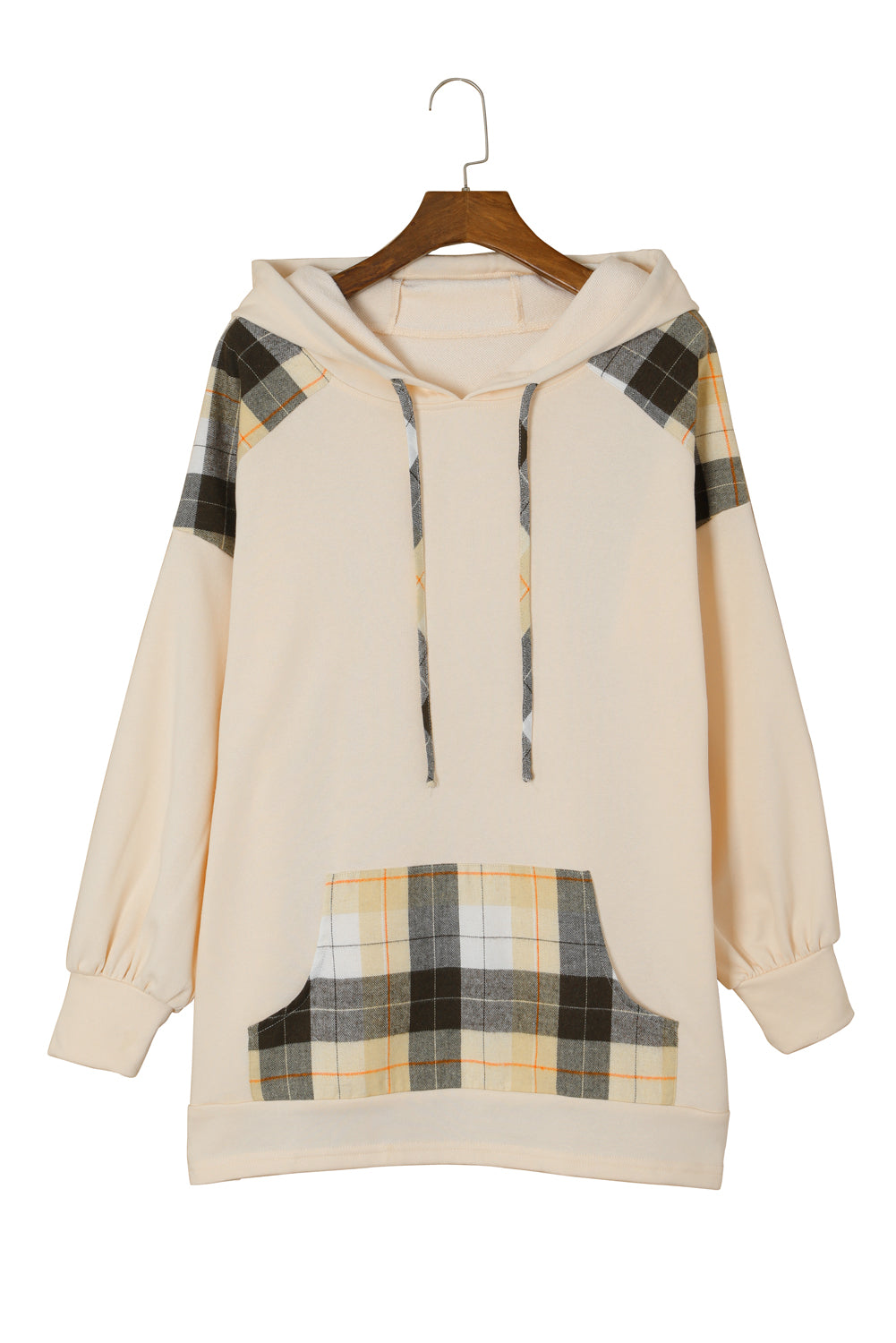 Khaki Plaid Patchwork Kangaroo Pocket Oversized Hoodie Sweatshirts & Hoodies JT's Designer Fashion