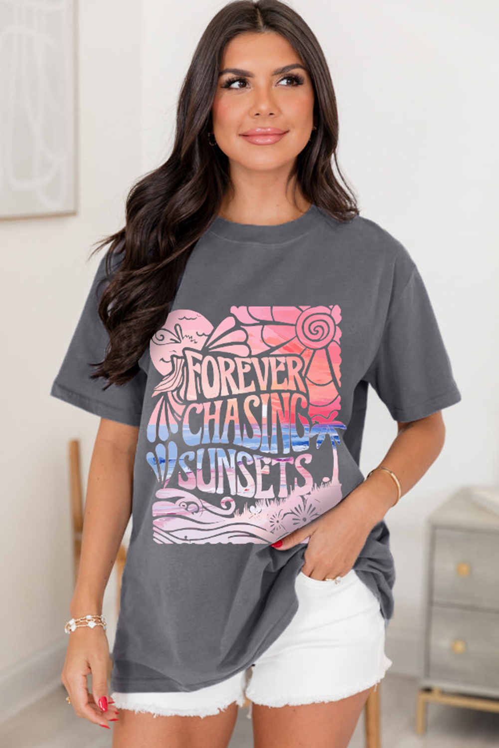 Gray FOREVER CHASING SUNSETS Graphic Summer T Shirt Graphic Tees JT's Designer Fashion