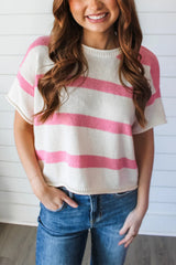 Pink Stripe Dropped Short Sleeve Lightweight Knitted Top Sweaters & Cardigans JT's Designer Fashion