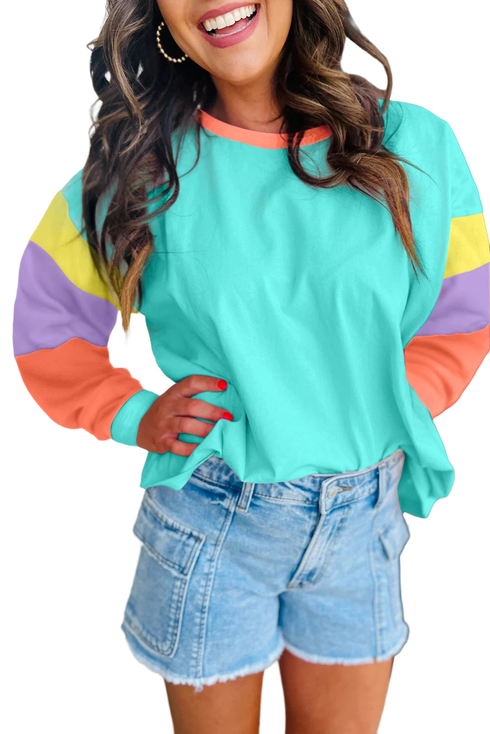 Light Blue Colorblock Patchwork Long Sleeve Loose Top Long Sleeve Tops JT's Designer Fashion