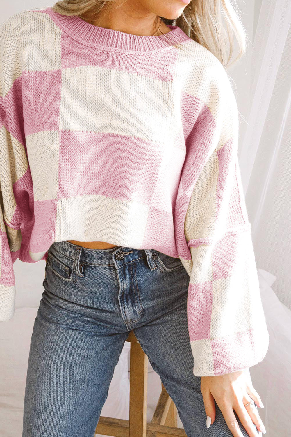 Pink Checkered Bishop Sleeve Sweater Sweaters JT's Designer Fashion