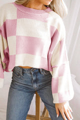 Pink Checkered Bishop Sleeve Sweater Sweaters JT's Designer Fashion