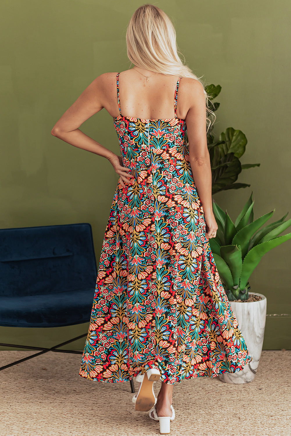 Black Boho Floral Print Thin Straps Sleeveless High Waist Maxi Dress Floral Dresses JT's Designer Fashion