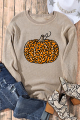 Khaki Halloween Leopard Pumpkin Graphic Corded Sweatshirt Graphic Sweatshirts JT's Designer Fashion