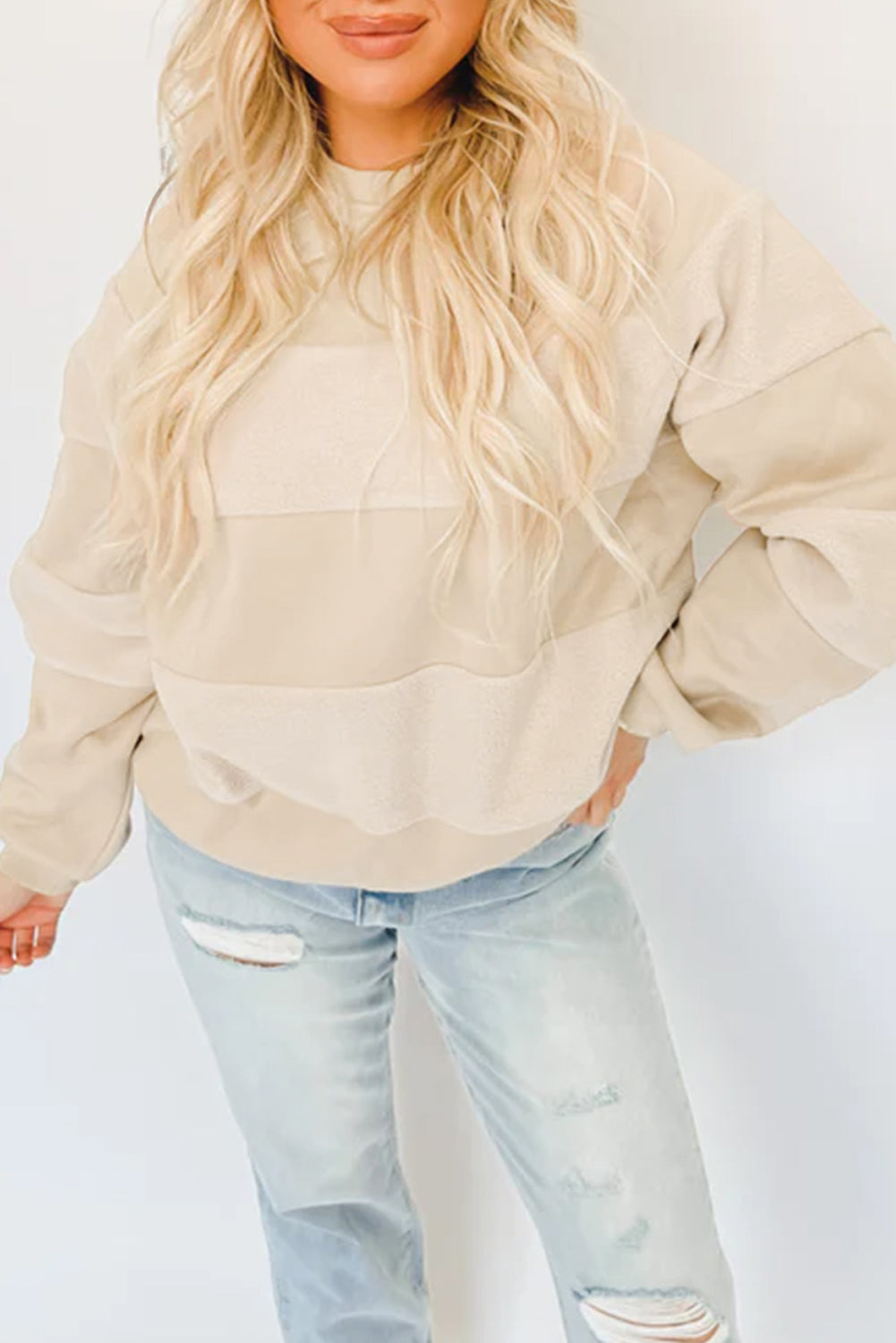 Oatmeal Contrast 2-tone Patchwork Raglan Sleeve Sweatshirt Sweatshirts & Hoodies JT's Designer Fashion