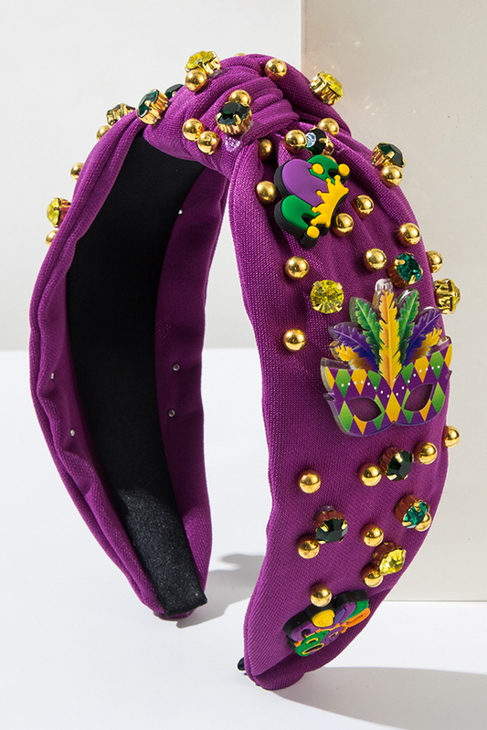 Tillandsia Purple Mardi Gras Rhinestone Beaded Knotted Wide Headband Headwear JT's Designer Fashion