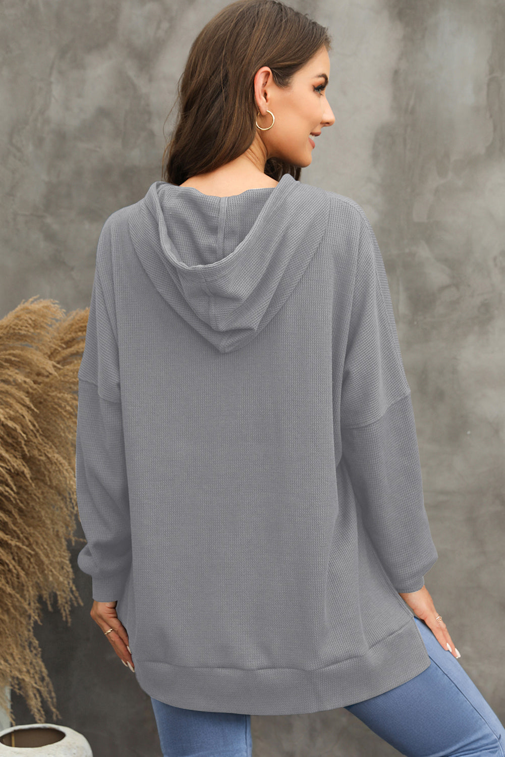 Gray Waffle Knit Fleece Lined High Low Oversized Hoodie Sweatshirts & Hoodies JT's Designer Fashion