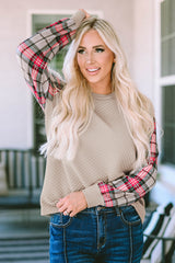 Apricot Plaid Raglan Sleeve Sweatshirt Sweatshirts & Hoodies JT's Designer Fashion