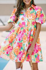 Pink Floral Puff Sleeve Collar Buttoned Babydoll Dress Floral Dresses JT's Designer Fashion