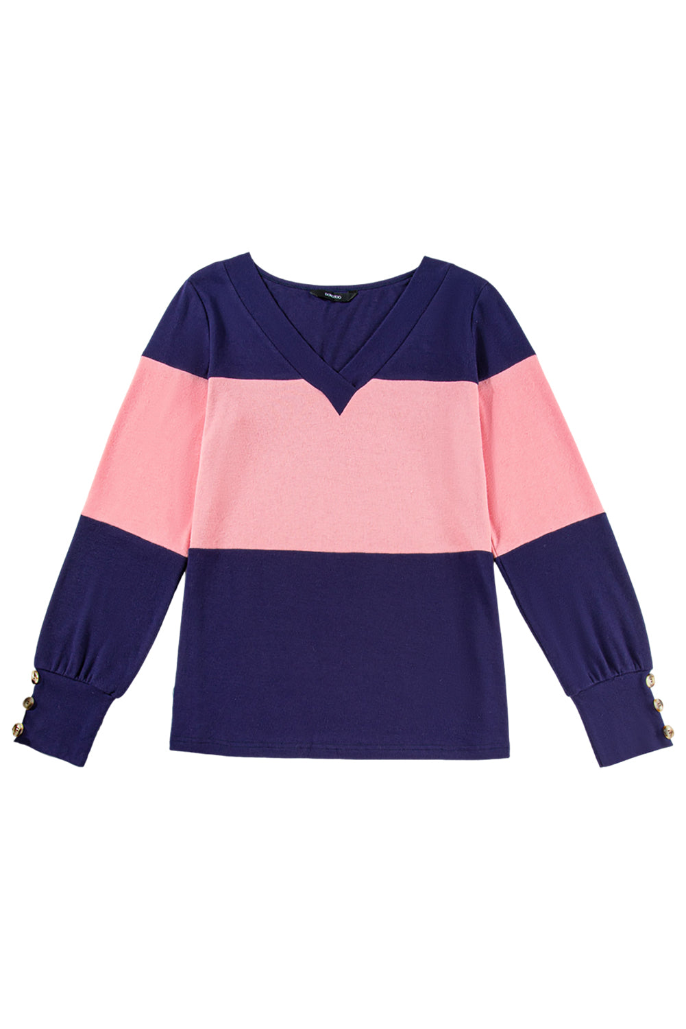 Blue Stripe Colorblock Button Decor Long Sleeve V Neck Top Long Sleeve Tops JT's Designer Fashion