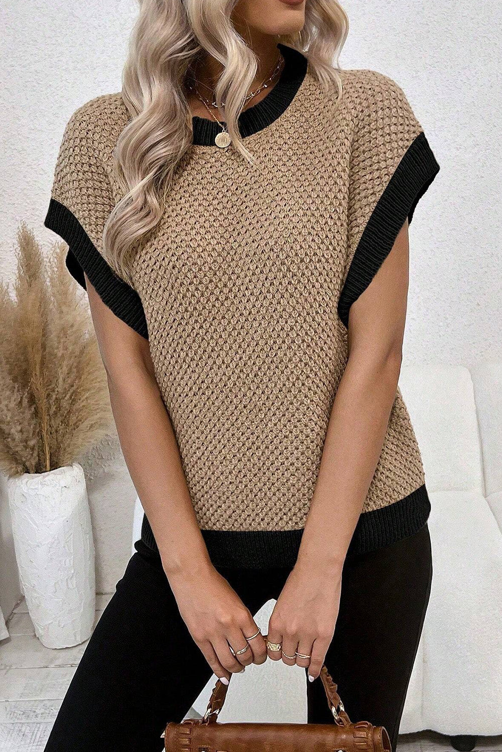 Light French Beige Contrast Trim Round Neck Batwing Sleeve Sweater Top Sweaters & Cardigans JT's Designer Fashion