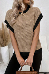 Light French Beige Contrast Trim Round Neck Batwing Sleeve Sweater Top Sweaters & Cardigans JT's Designer Fashion