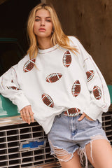 White Sequin Rugby Football Pattern Exposed Seam Game Day Sweatshirt Graphic Sweatshirts JT's Designer Fashion