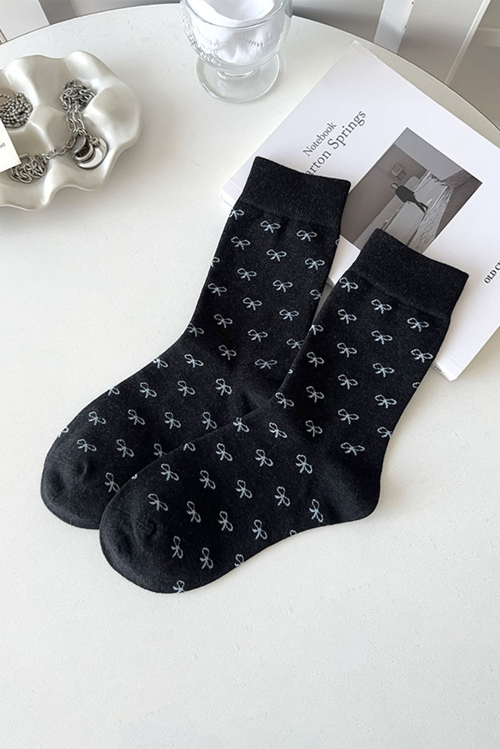 Black Bow Knots Ribbed Edge Crew Socks Socks JT's Designer Fashion