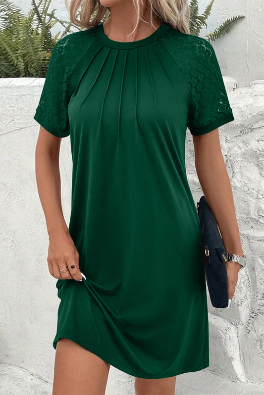 Green Contrast Lace Raglan Sleeve Pleated Detail Shift Dress T Shirt Dresses JT's Designer Fashion