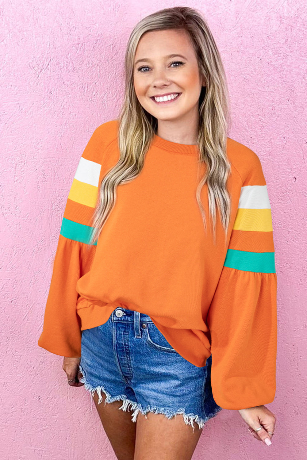 Flamingo Color Block Sleeve Exposed Seam Raglan Sweatshirt Sweatshirts & Hoodies JT's Designer Fashion