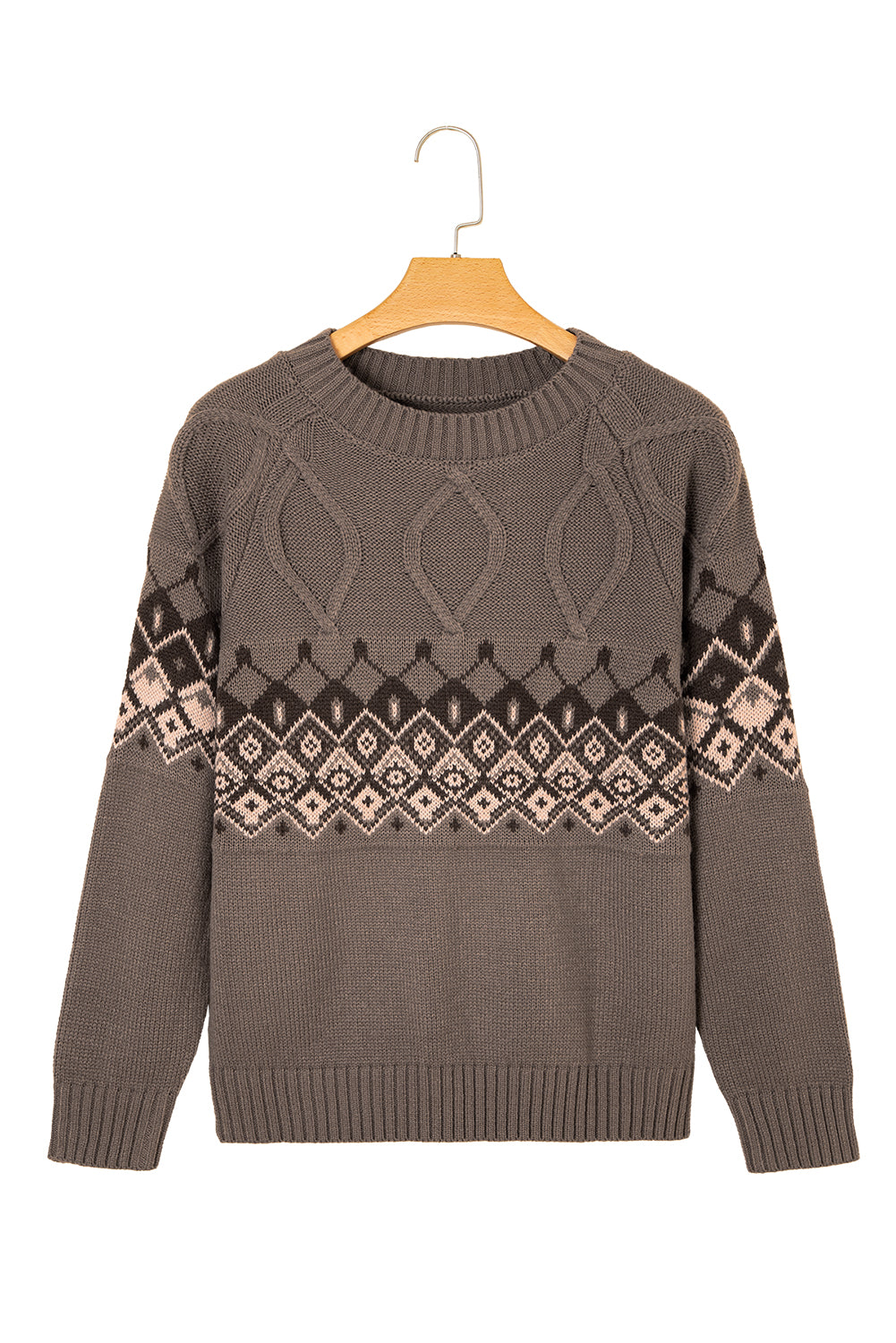 Light French Beige Western Geometric Patterned Crew Neck Knitted Sweater Sweaters JT's Designer Fashion