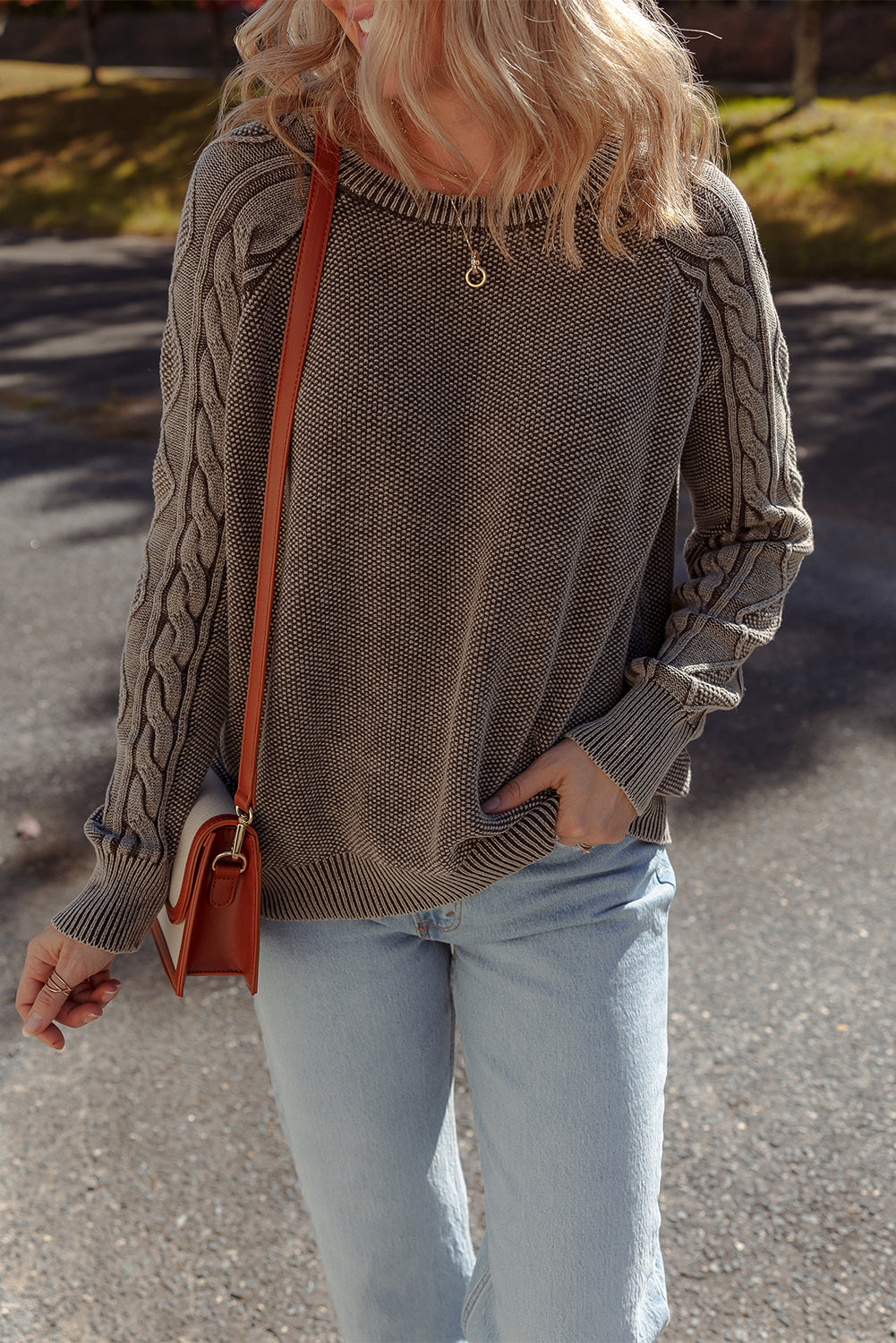 Dark Brown Contrast Cable Knit Sleeve Casual Sweater Sweaters JT's Designer Fashion