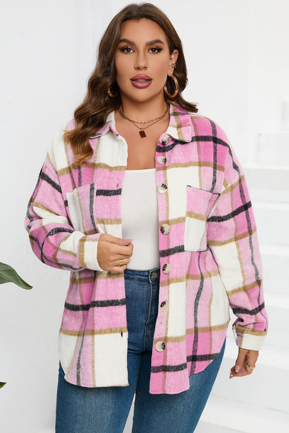 Pink Plaid Color Block Buttoned Long Sleeve Jacket with Pocket Plaid Shackets JT's Designer Fashion