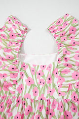 Pink Floral Print Square Neck Ruffled Strap Maxi Dress Floral Dresses JT's Designer Fashion