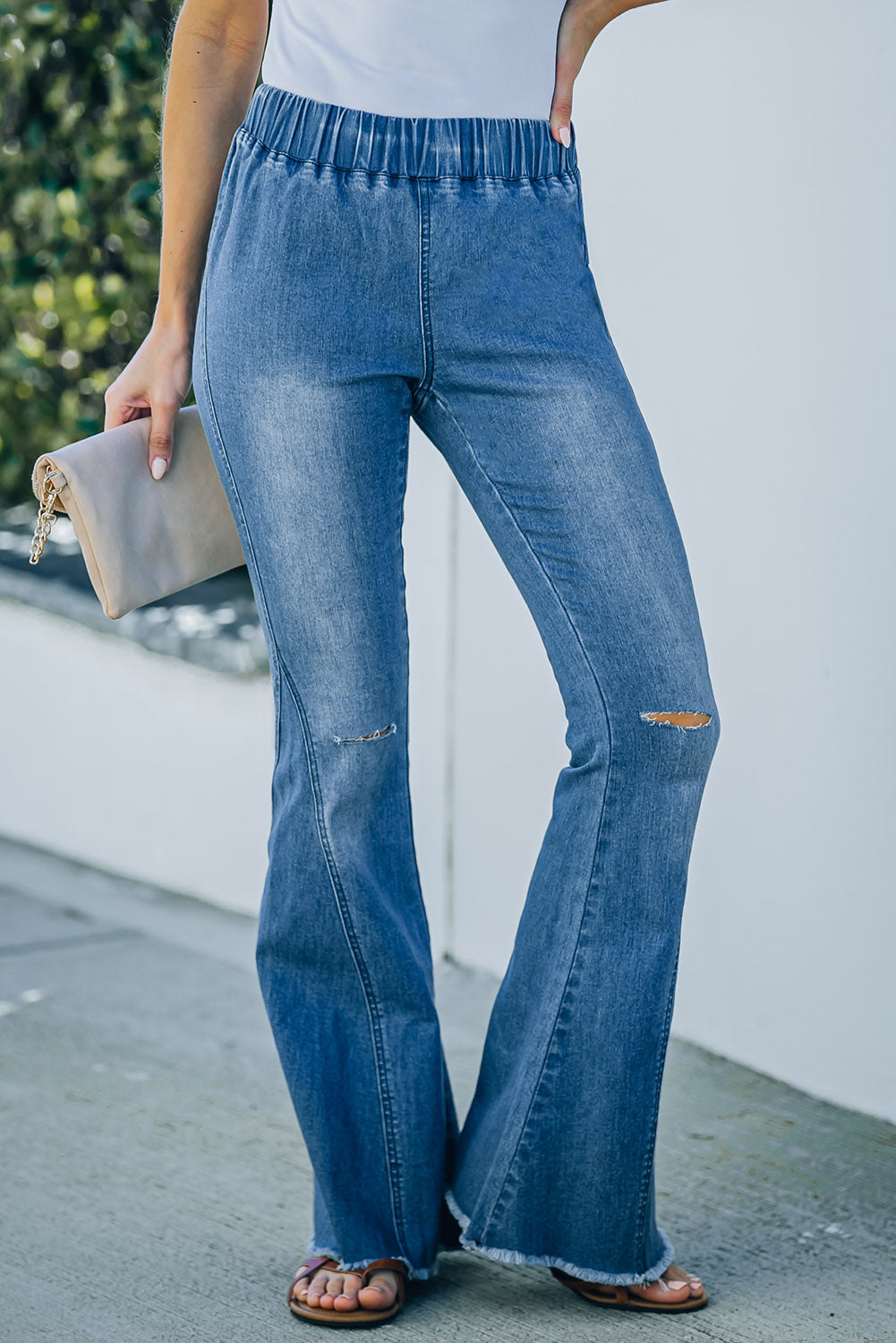 Sky Blue Distressed Bell Bottom Denim Pants Jeans JT's Designer Fashion