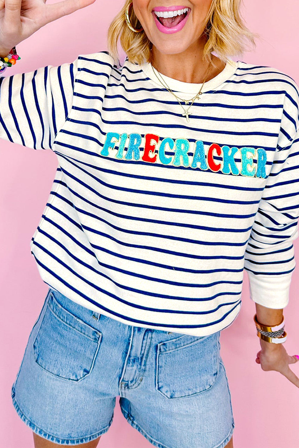 Blue Stripe Chenille FIRECRACKER Embroidered Sweatshirt Sweatshirts & Hoodies JT's Designer Fashion