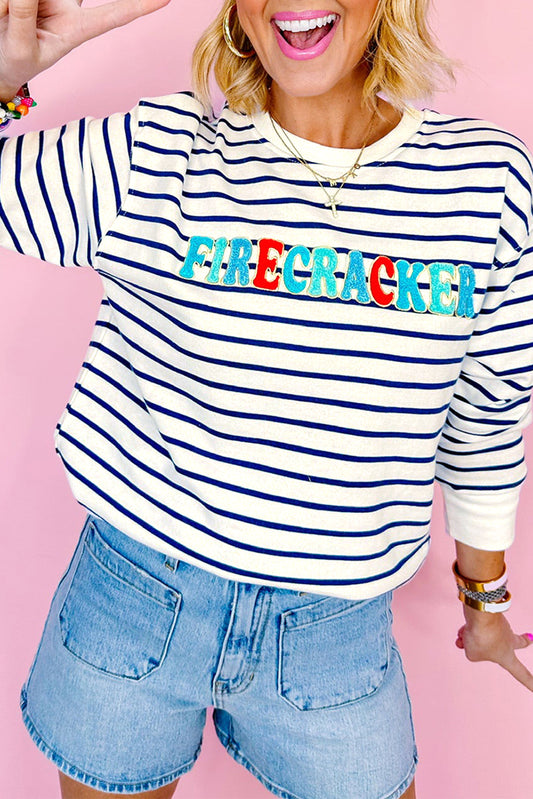 Blue Stripe Chenille FIRECRACKER Embroidered Sweatshirt Sweatshirts & Hoodies JT's Designer Fashion