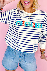 Blue Stripe Chenille FIRECRACKER Embroidered Sweatshirt Sweatshirts & Hoodies JT's Designer Fashion