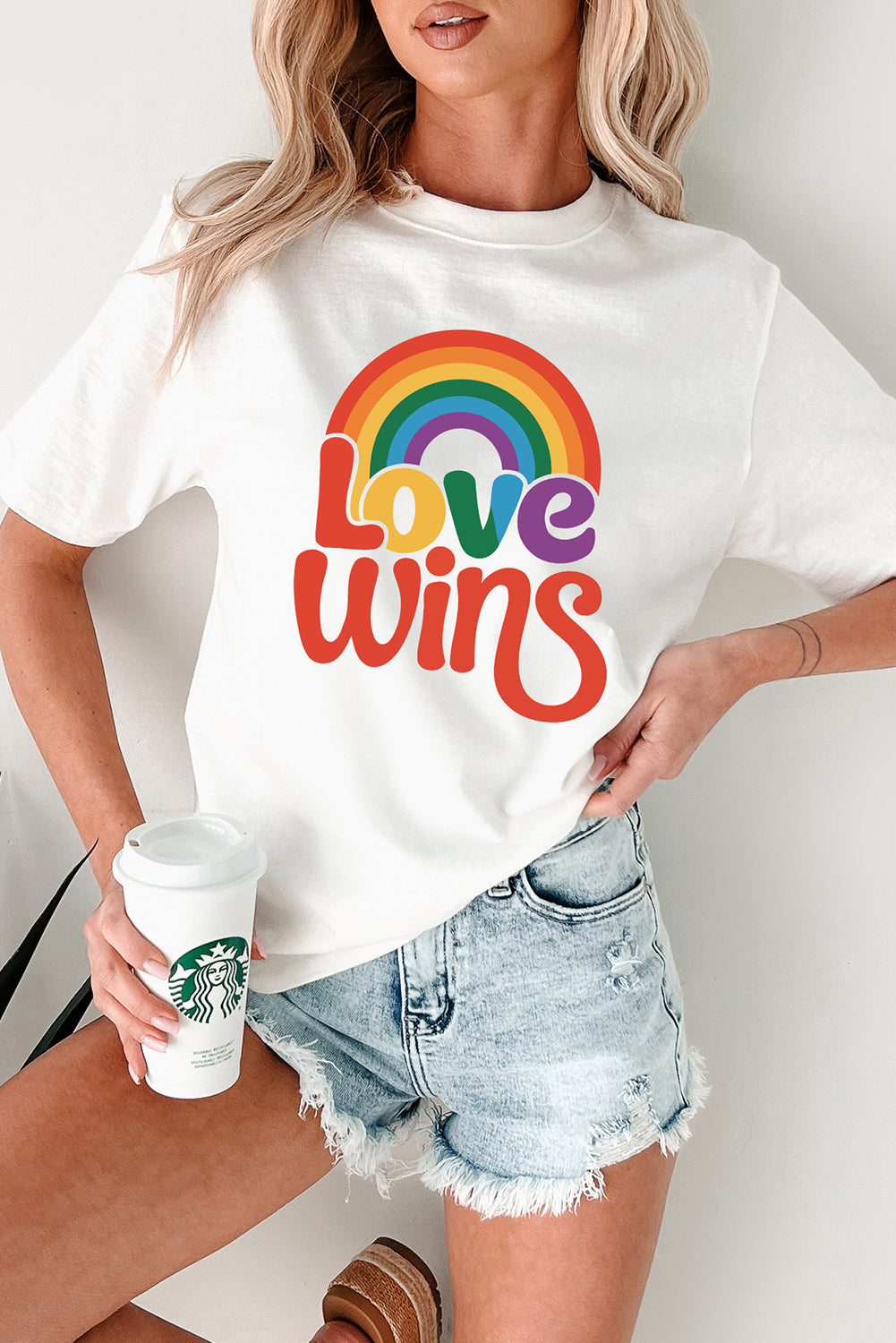 White Love Wins Pride Rainbow Graphic Casual T Shirt Graphic Tees JT's Designer Fashion