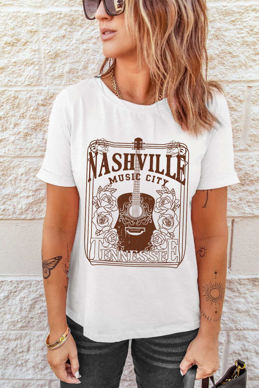 White NASHVILLE MUSIC CITY Graphic Crew Neck Tee Graphic Tees JT's Designer Fashion